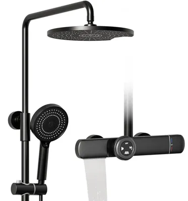 Produktbild von Duschsystem Thermostat Schwarz Regendusche mit Handbrause und Wasserfallauslass
