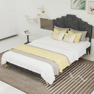 Produktbild von okwish Doppelbett 140x200 Jugendbett mit niedriger Bettrahmen,Bettgestell ohne Gasdruckfeder mit Rippenbettgestell aus Hollandwollstoff,Grau(ohne Matratze)