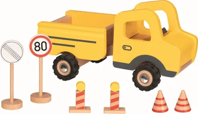 Produktbild von goki 55894 Baustellenfahrzeug mit Verkehrsschildern 23,2 x 12,6 x 12 cm, Holz, gelb