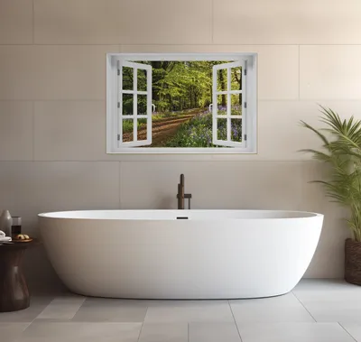 Produktbild von Wallario wasserfestes Poster selbstklebend 91,50 x 61 cm, Blaues Hasenglöckchen im Sommerwald, Badezimmerposter Spritzschutz mit Hochglanzoberfläche in Glasoptik