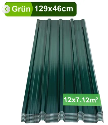 Zdjęcie produktu dla Vigevee, 12 sztuk, blachodachówka trapezowa, grubość 0,25 mm, wymiary 129 x 46 cm, kolor zielony, stal ocynkowana, powierzchnia ok. 7 m²