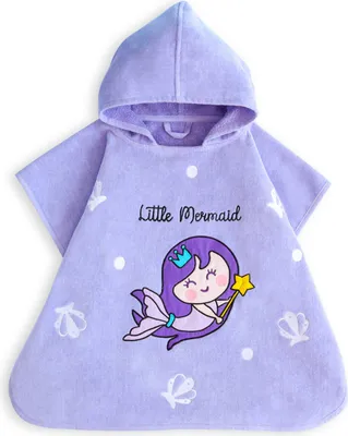 Produktbild von Milk&Moo Little Mermaid Badeponcho Kinder | 100% Baumwolle | Strandtuch mit Kapuze für Kleinen | Offene Seite | Ultra Weich | Saugfähig | Meerjungfrau Stickerei | Einheitsgröße | 57x61 cm | Lila
