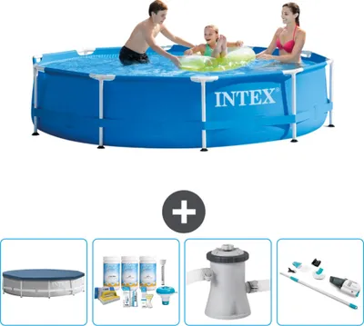 Produktbild von Intex-Schwimmbecken mit rundem Rahmen – 305 x 76 cm – Blau – im Lieferumfang enthalten Abdeckung - Wartungspaket - Filterpumpe für Schwimmbad - Staubsauger