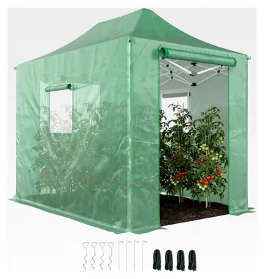 Produktbild von Faltbares Gewächshaus ca. 300x270x200 cm mit Satteldach, aufrollbaren Reißverschlusstüren und -fenstern, Pop Up Gewächshaus für Tomaten aus PE, stabiles Pflanztunnel in Grün