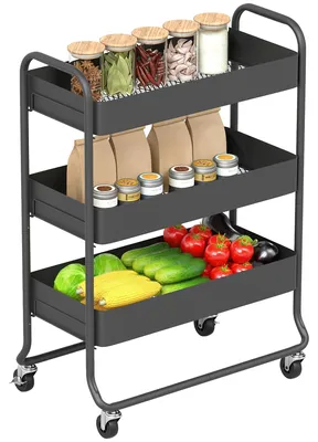 Image de Chariot de rangement sur roulettes, chariot de cuisine en métal avec 3 paniers, chariot d'appoint, noir | 2 freins | 5,3 kg | 64,5 x 34 x 87 cm