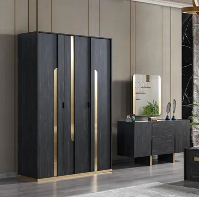 Image de 2pcs Ensemble de chambre à coucher Armoire + commode Style de meuble moderne Noir