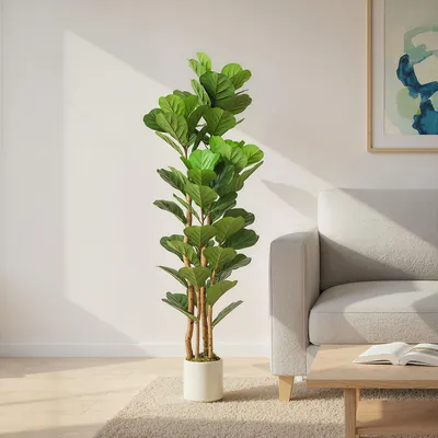 Produktbild von SUGIFT Kunstpflanze mit Topf, Künstlicher Geigenfeigenbaum, 71 Blätter, Massivholzstamm, Grün | pflegefrei | 3,4 kg | 50 x 50 x 150 cm
