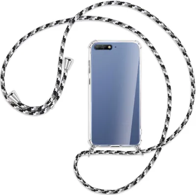 Produktbild von Handykette Backcover-Schutzhülle mit Band (Metall silberfarben) für Huawei Y6 2018 - schwarz/grau/weiß