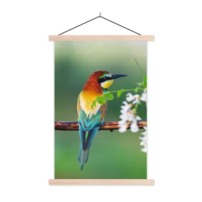 Produktbild von MuchoWow® Textilposter Vogel - Bienenfresser - Blumen 40x60 cm mit holzfarbenen Rahmen - Poster