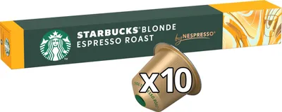 A box of Starbucks Blonde Espresso Roast Nespresso coffee capsules, with one capsule shown in the foreground.