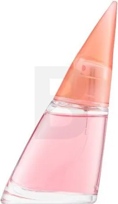 A perfume bottle with pink liquid and an orange cap, isolated on a white background.