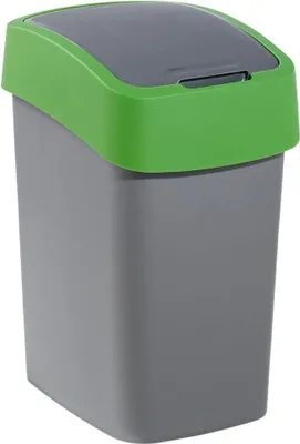 A close-up studio shot of a gray trash can with a green lid.