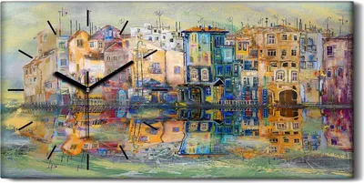 Produktbild von Wandkunst Leinwand Bild Uhr 60x30 Malerei Abstrakte Stadt Gebäude Wasser - schwarze Hände