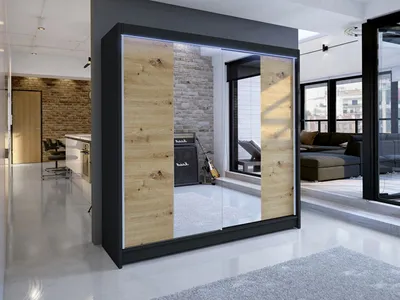 Obrázok produktu pre Šatníková skriňa 180 cm so zrkadlom a LED RGB osvetlením VILMA 2 - čierna / dub artisan
