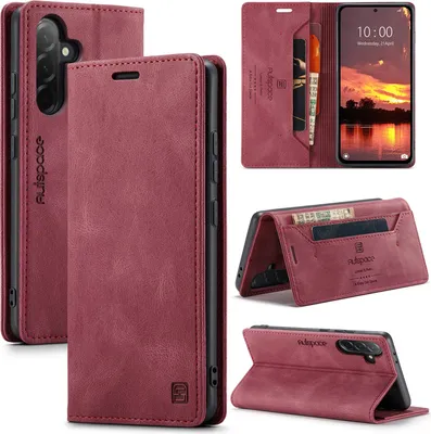 Image de Étui pour Samsung Galaxy A56, étui rétro en cuir PU, support et étui de protection rouge