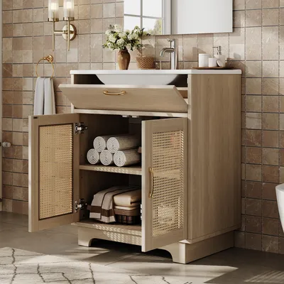 Immagine prodotto di Merax lavabo da bagno indipendente, mobile sottolavabo, ante in rattan, ante doppie con chiusura ammortizzata, cassetto con sollevatore, lavabo in Vetroceramica, naturale