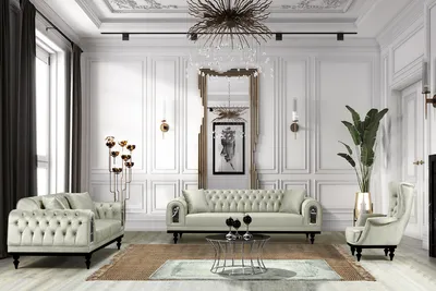 A luxurious living room setting with a beige couch set.
