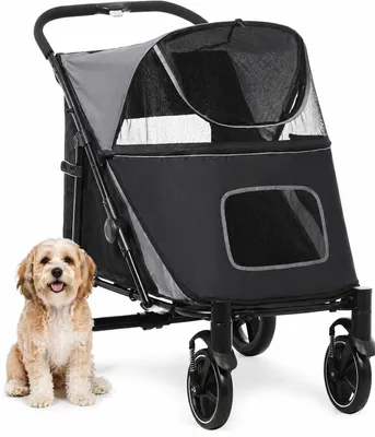 Produktbild von Hundebuggy faltbar für große Hunde bis 30 kg, Hundewagen mit Ein-Klick-Faltsystem, Grau, stoßdämpfend, 112 x 65 x 100 cm, stabil, mit Feststellbremse