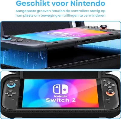Productafbeelding van JustValue Case Geschikt Voor Nintendo Switch 2 - Hoesje - Hardcase - Beschermhoes - Opbergtas Met Ritsvak en Handvat - Schokbestendig - Waterafstotend - Compact - Ruimte Voor Accessoires, Joy-Cons, Oplader, Kabels en Game Cards - Reis Etui - Zwart