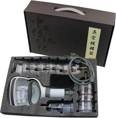 Produktbild von EDLES Schröpfen Set mit 12 Schröpfgläser aus Kunststoff mit Magneten + Vakuumpumpe BLACK EDITION