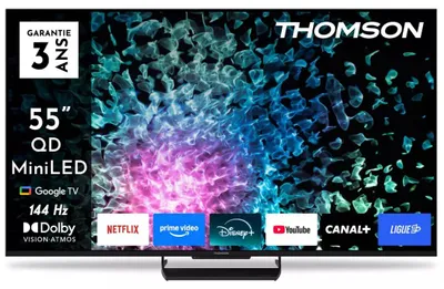 Image de Thomson Q70 Series Smart MiniLED TV 55 ; Google TV ; 3840 x 2160 (4K UHD), 1500000:1, LED, 144 Hz, DVB-T/T2/C/S/S2, HDR10, Wi-Fi, Bluetooth, LAN, HDMI 4 (2.1), USB 2 (2.0) + 1 (3.0), Pied central, Noir, 139,7 cm (55"), 3840 x 2160 px, QD-Mini LED, Smart TV, Wi-Fi, Černá