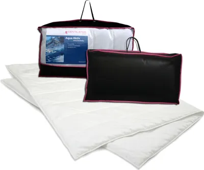 A duvet and its packaging are displayed against a white background.