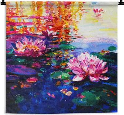 Produktbild von MuchoWow® Wandteppich Wandbehang Malerei - Seerose - Ölfarbe - Wasser 150x150 cm Tapisserie Dekoration Wandtuch - Wohnaccessoires - Modernes