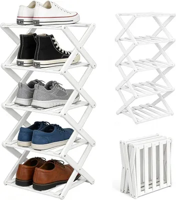 Produktbild von Schuhregal 5 Ebenen, 26 x 26 x 71 cm, Bambus und weiß, für Flur