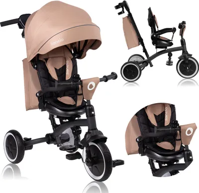 A collage of images showing a beige and black children's tricycle from different angles.