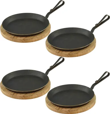Produktbild von Servierpfanne aus Schmiedeeisen gebogener Hakenstiel Ø 28 cm 4 Stück inklusive Brett