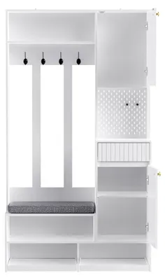 Produktbild von Garderobenset, Flurgarderobe mit Sitzbank, 4 Haken, Türen und Schubladen - Weiß, Kompaktmaße 100×180×35 cm (B×H×T)