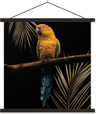 Produktbild von MuchoWow® Textilposter Vogel - Papagei - Zweig - Farn 120x120 cm mit schwarzem Rahmen - Aufhängungsset