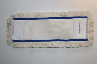 A flat lay of a mop head on a white background.