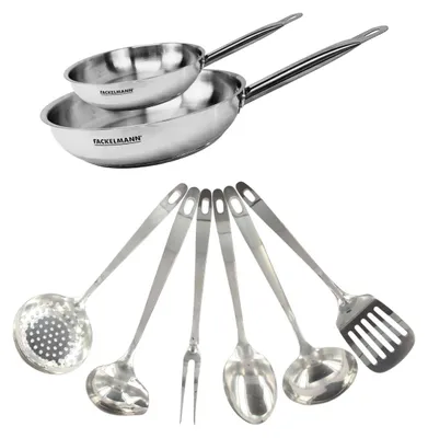 Image de Set de 2 poêles de 20 et 28 cm en inox et 6 ustensiles inox Fackelmann Eterna