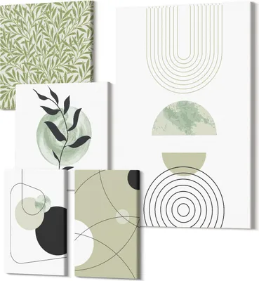 Produktbild von Wandbilder Leinwand 5-teilig – – Polycanvas Kunstdruck – Moderne Bilder für Wohnzimmer & Schlafzimmer – Aufhängefertig – 2x 30x30 cm + 2x 20x30 cm + 1x 40x60 cm – Abstrakte Kompositionen mit geometrischen Formen und Vegetation
