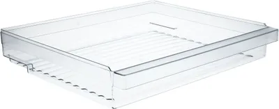 A clear plastic drawer, likely for a refrigerator or freezer.