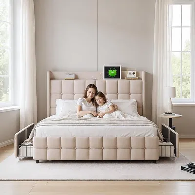 Image de Lit double tapissée 180x200 cm, Lit double avec LED, 4 tiroirs et sommier à lattes, Lit 180x200 avec tête de lit avec rangement et port USB, Structure de lit pour adolescents, lit avec rangement, Lin, Sans matelas, Beige
