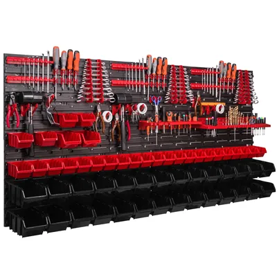 Immagine prodotto di Pannello portautensili a parete 172x78 cm con 56 pezzi. Scatole da appendere con set di supporti in plastica