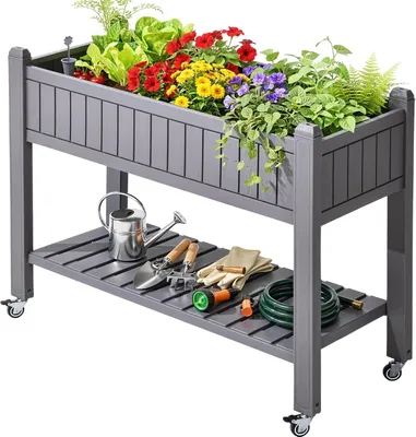 Produktbild von Hochbeet mit Rankgitter, 108,5 x 44 x 89,5 cm, Garten-Rankgitter mit Räder, Drainagelöchern, bis 6,8 kg, Grau