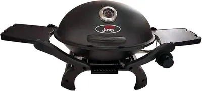 A black portable gas grill with side tables, shown on a white background.