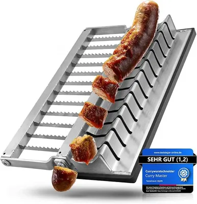 Produktbild von Currywurstschneider aus Edelstahl – manueller Wurstschneider | Gleichmäßige Wurstscheiben, scharfe Klingen, spülmaschinenfest, Anti-Rutsch-Beschichtung, für Bratwurst & Bockwurst