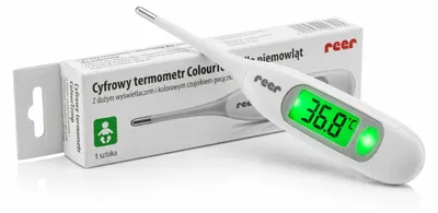 Produktbild von reer ColourTemp Fieberthermometer mit großen Display, Kontakt-Thermometer, Grün, Weiß, Unterarm, Tasten, °C, Körpertemperatur