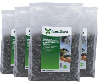 Produktbild von Famiflora Gestreifte Sonnenblumenkerne 10kg (4x 2,5kg) - Schüttgut Winterfutter - Ungeschält - Natürlicher Snack für Gartenvögel - Energiereich