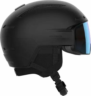 A black ski helmet with a blue visor, shown from the side on a white background.