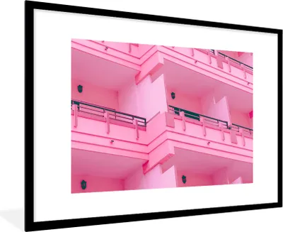 Produktbild von MuchoWow® Gerahmtes Poster Balkon - Sommer - Rosa - Architektur 90x60 cm - Poster mit Schwarzem Bilderrahmen Wandposter Rahmen Foto Bilder - Wanddekoration - Fotos