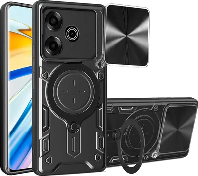 Obrázek produktu pro Pouzdro pro Tecno Pova 6 Pro dvojvrstvé odolné pouzdro s ochranným krytem kamery a kruhovým stojánkem na prsten Černý