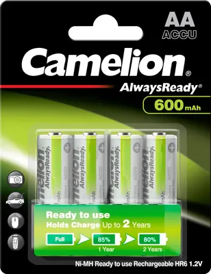 Obrázek produktu pro Camelion Nh-aa600ar-bp4, Dobíjecí baterie, Nikl-metal hydridová (NiMH), 1,2 V, 4 kusů, 600 mAh, Zelená, Bílá