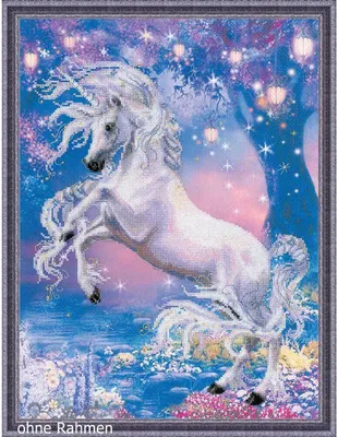 Produktbild von Riolis Kreuzstich-Set Einhorn, 30x40 cm, 16 Farben, mit vorgedrucktem Hintergrund und Metallic-Garn