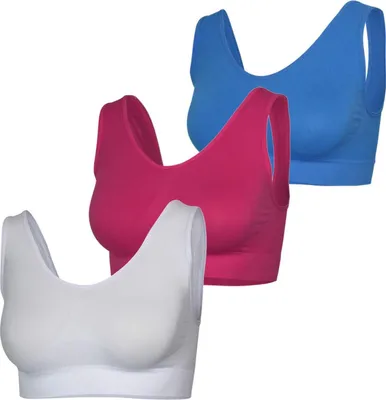 Produktbild von Glamexx24 Damen Seamless Strech Ohne Buegel Push up Yoga Sports BH Bra Top 3-er Set Fitnesstraining-Farbe: Blau rot weiß -Größe: L