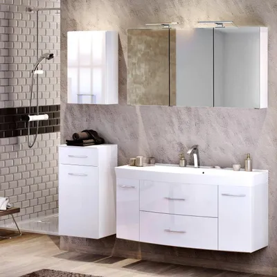 Produktbild von Badezimmer Set 120cm Waschtisch FLORIDO-03 in Hochglanz weiß B x H x T: ca. 175 x 200 x 47 cm
